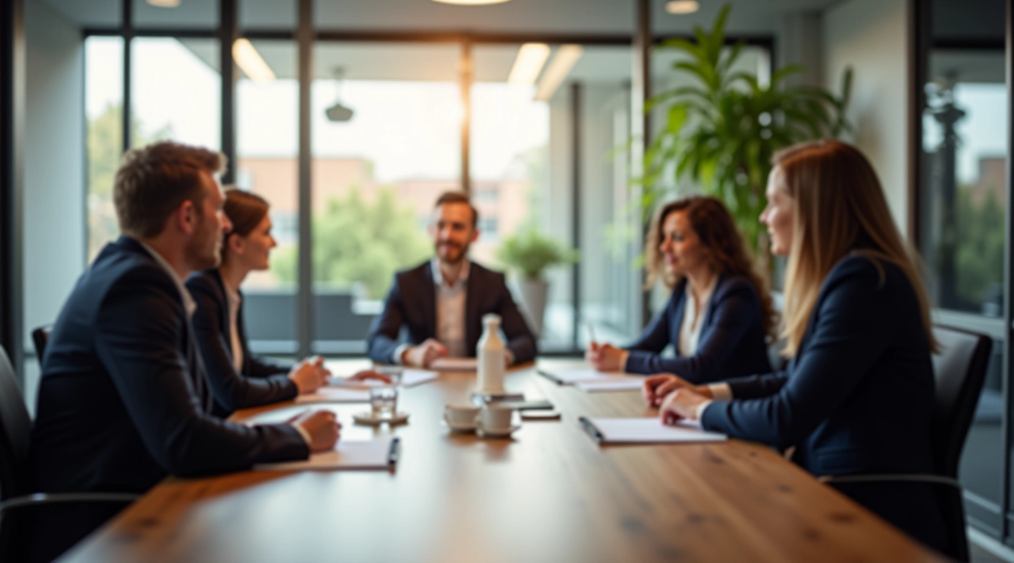 Professionele bijeenkomst met stakeholders rond tafel, moderne kantooromgeving met ramen