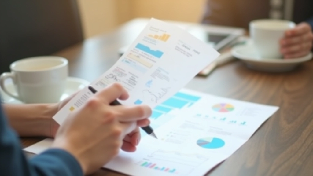 Handen houden uitgeprinte rapport met grafieken, houten bureau met kopje koffie