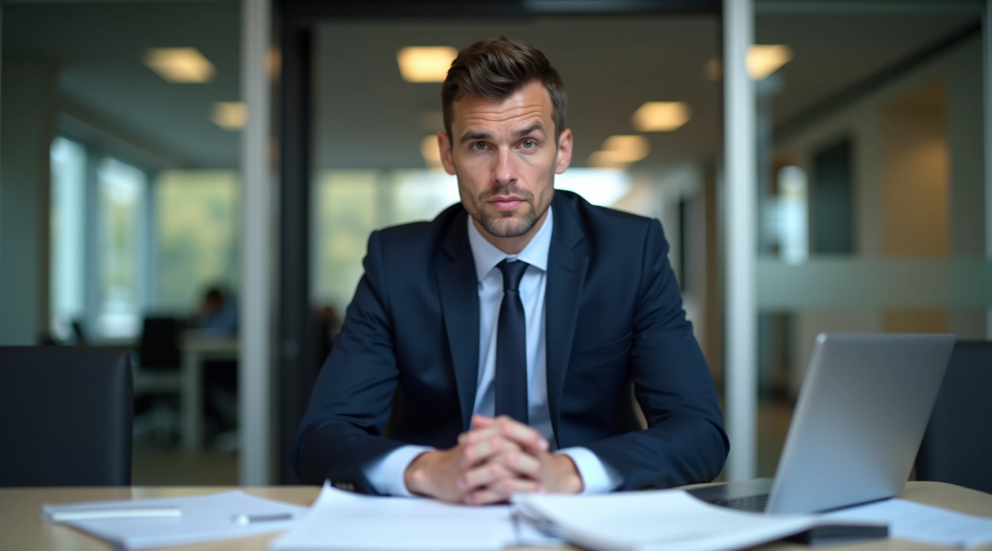 Professionele man aan vergadertafel met documenten en laptop, serieuze blik, kantooromgeving