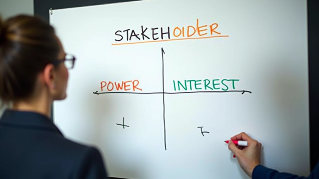 Stakeholder-matrix op whiteboard met vier kwadranten voor macht en interesse, netwerk diagram met connecties