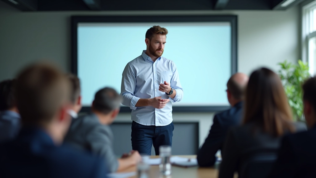 Trainer geeft presentatie met dia's, professionele setting met participanten in zaal
